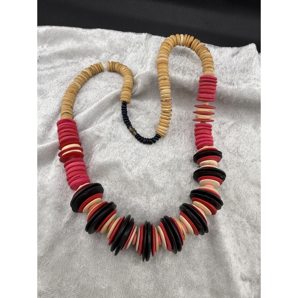 Vintage Wooden Beaded Necklace Discs Red Black Statement 25" - Picture 2 of 7